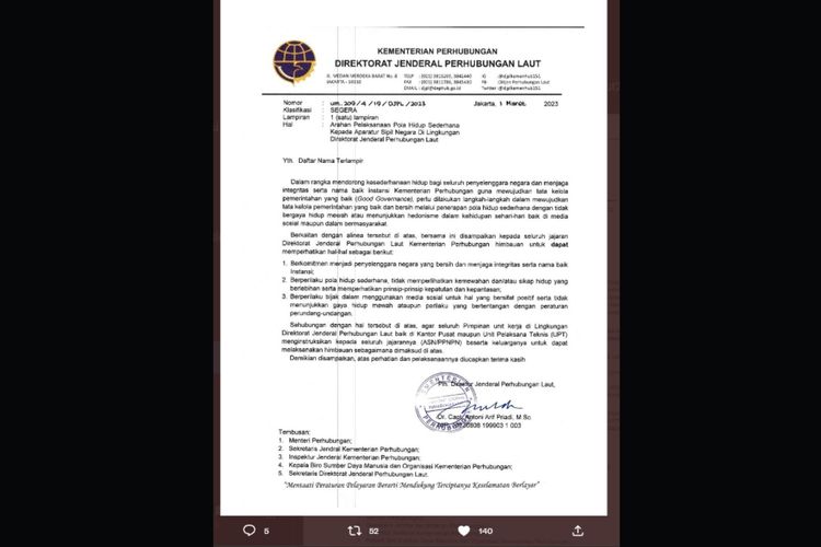 Edaran Direktorat Jenderal Perhubungan Laut yang melarang pegawainya pamer harta tersebar di media sosial sejak Jumat (10/3/2023).