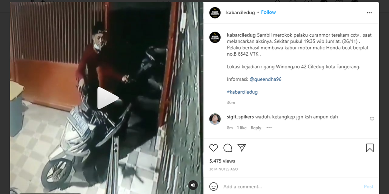 Pencuri sepeda motor tertangkap kamera cctv di Cileduk kota Tangerang