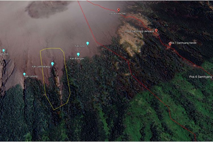 Area lingkaran kuning merupakan lokasi jurang bebatuan Sungai Lembarang, tempat penemuan jasad Syafiq Ridhan Ali Razani (18), pendaki asal Magelang yang hilang di Gunung Slamet pada Rabu (14/1/2026) pukul 10.00 WIB.