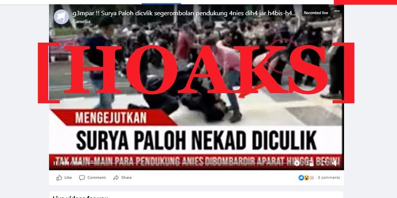 Tangkapan layar Facebook narasi yang menyebut bahwa Surya Paloh diculik oleh pendukung Anies Basweda