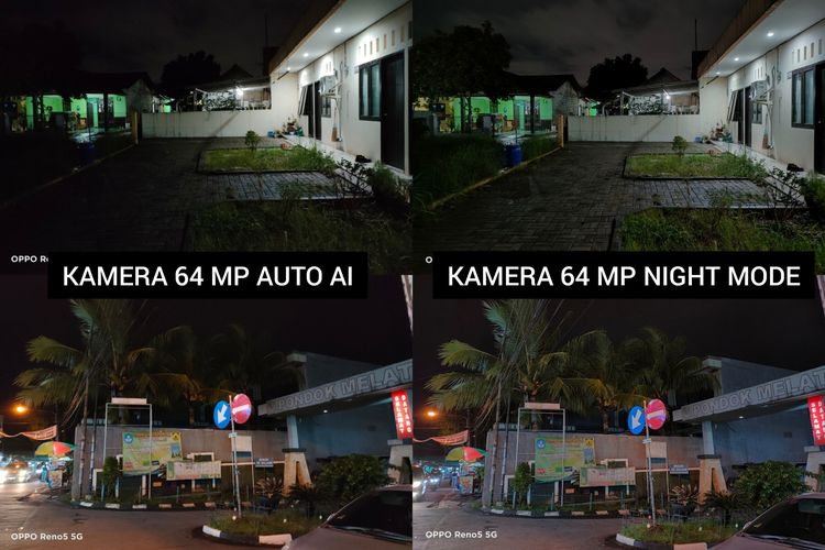 Hasil foto kamera 64 MP Oppo Reno5 5G untuk pemotretan mode malam. Bisa dilihat, dua foto di sebelah kanan tampak lebih jelas dibanding dua foto di sebelah kiri, meski kondisinya sama. Hal ini disebabkan oleh fitur Night Mode yang memungkinkan kamera menggabungkan beberapa foto agar foto yang dihasilkan tampak terlihat terang. 