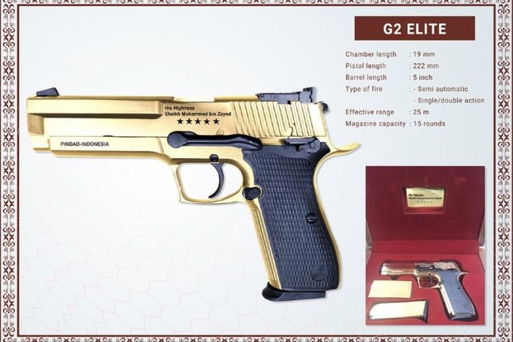Pistol G2 Elite berlapis emas buatan PT Pindad yang menjadi cendera mata Menhan Prabowo Subianto untuk Putra Mahkota Abu Dhabi Pangeran Mohammed bin Zayed (MBZ).
