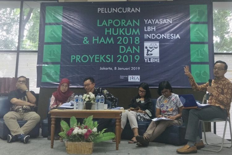 Pemaparan Laporan Hukum dan HAM 2018 di kantor YLBHI, Menteng, Jakarta Pusat, Selasa (8/1/2019).