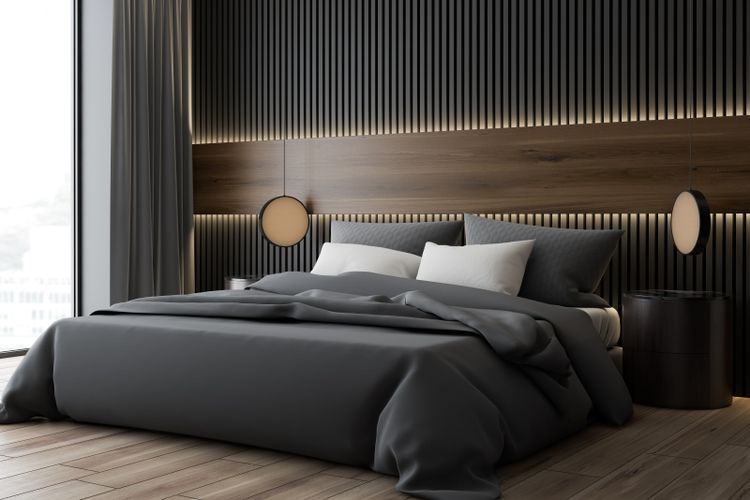 Ilustrasi kamar tidur dengan nuansa warna gelap.