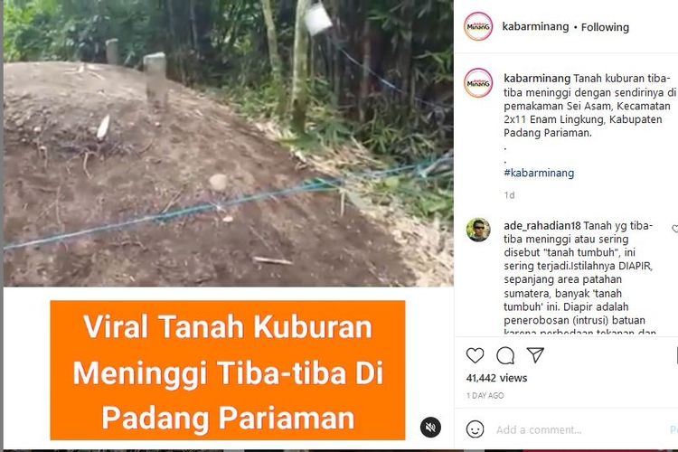 Tangkapan layar video tanah pemakanan di Padang Pariaman yang mengalami peninggian secara misterius