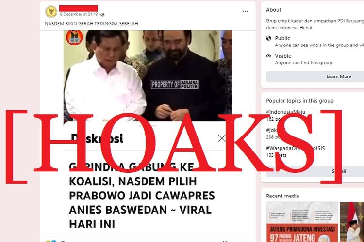 Tangkapan layar Facebook narasi yang menyebut bahwa Prabowo Subianto telah ditunjuk menjadi cawapres bagi Anies Baswedan 