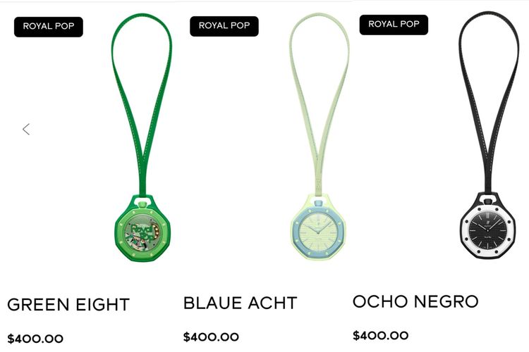 AP x Swatch Royal Pop Collection desain Lépine varian Green Eight (kiri), Blaue Acht (tengah), dan Ocho Negro (kanan).