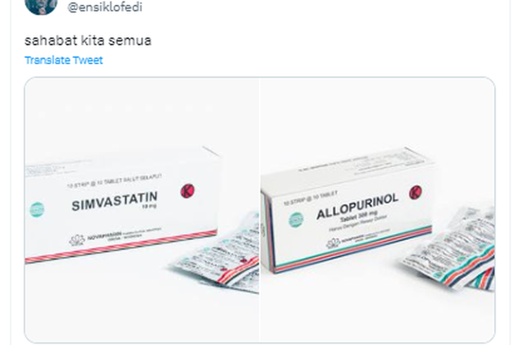 Tangkapan layar twit soal obat simvastatin dan allopurinol
