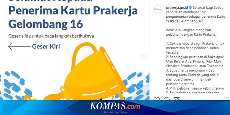 [POPULER TREN] Cara Cek Hasil Seleksi Prakerja Gelombang 16 - Kompas.com - KOMPAS.com