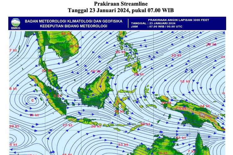 Tangkapan layar prakiraan streamline siklon tropis anggrek Selasa (23/1/2024).