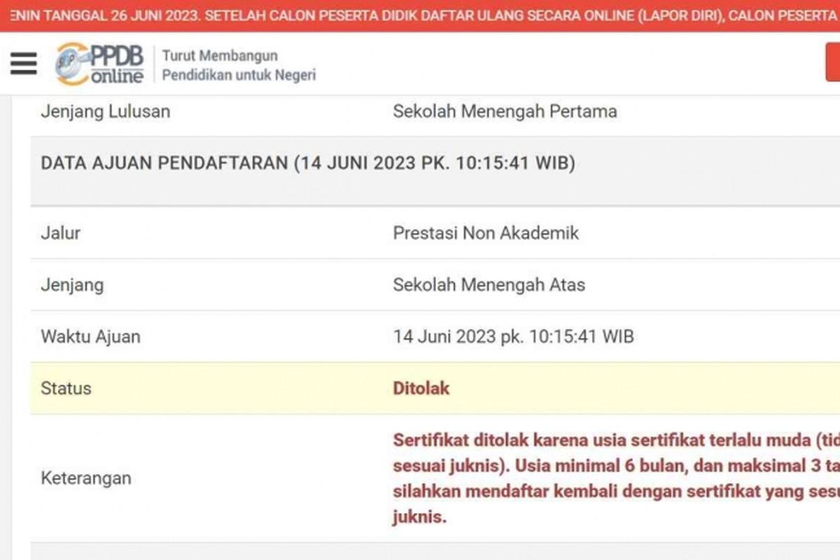  Tangkapan layar status dan keterangan pendaftaran PPDB