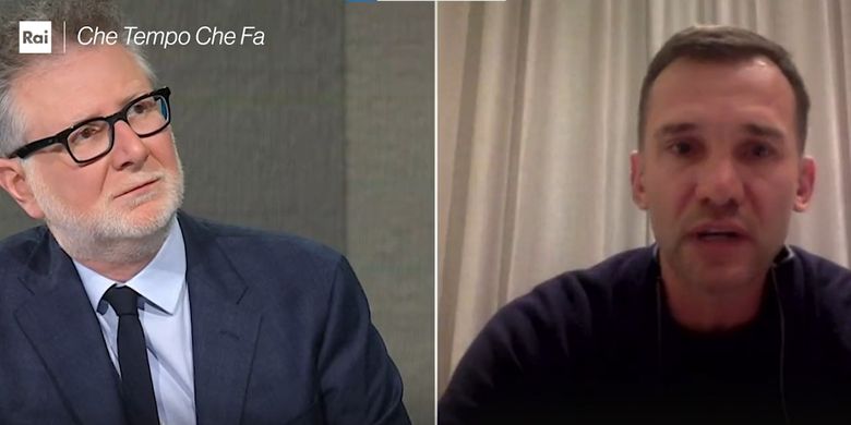Andriy Shevchenko terisak saat meminta Italia membuka hati untuk Ukraina, dalam wawancara emosional di acara Che Tempo Che Fa dari RAI, salah satu program TV terbesar di Italia, Minggu (6/3/2022) malam waktu setempat.