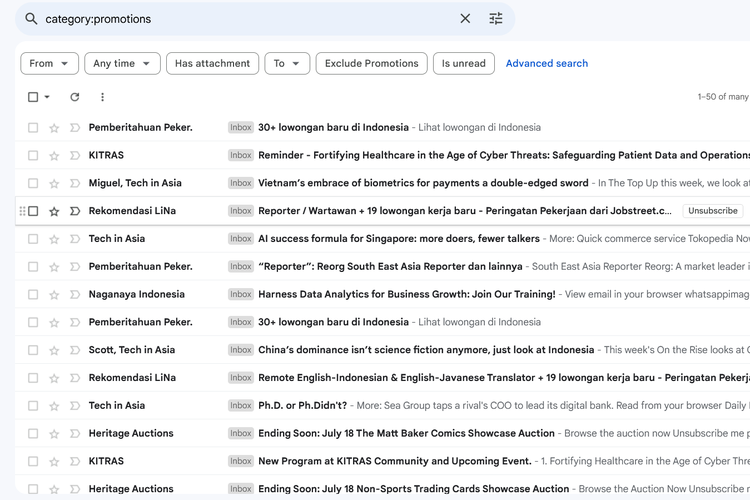 Ilustrasi cara mengatasi Gmail penuh dengan menghapus e-mail promosi.