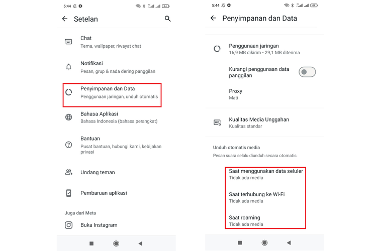 Ilustrasi cara menonaktifkan download otomatis di WhatsApp Android.