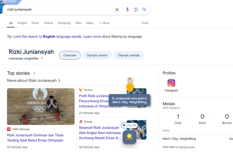 Google memberikan medali emas virtual untuk atlet Indonesia Rizki Juniansyah