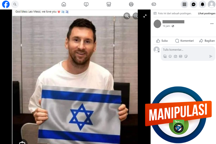 Tangkapan layar konten manipulatif di sebuah akun Facebook, 31 Oktober 2023, menampilkan Lionel Messi memegang bendera Israel.