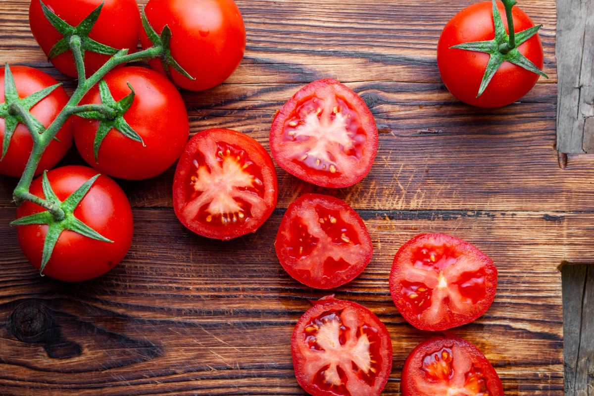 Ilustrasi tomat, biji tomat. 