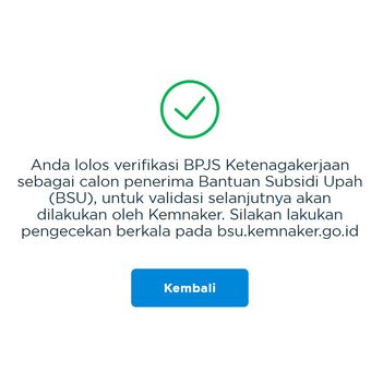 Tangkapan layar hasil verifikasi BSU BPJS Ketenagakerjaan. Verifikasi BSU BPJS Ketenagakerjaan.