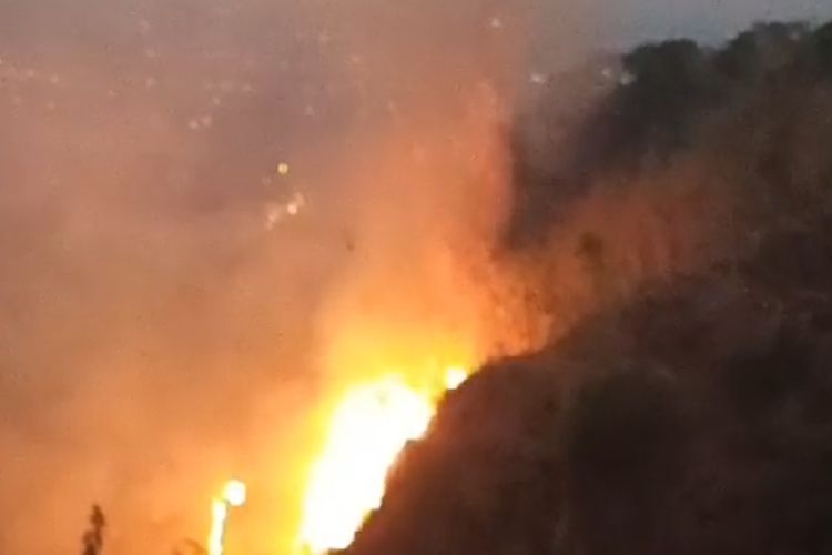 Tangkapan layar video amatir warga terkait kobaran api di perbukitan Menoreh, Kapanewon Kalibawang, Kabupaten Kulon Progo, Daerah Istimewa Yogyakarta. Sejumlah titik telah padam, sementara titik api masih terpantau di lokasi sulit.