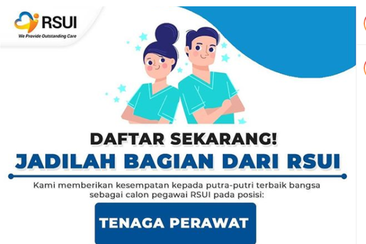 Rumah Sakit Universitas Indonesia (RSUI) membuka rekrutmen tenaga perawat tahun anggaran 2021.
