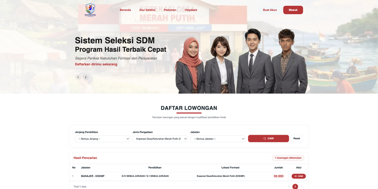 Tangkapan laman resmi rekrutmen Manajer Koperasi Merah Putih 2026. Rekrutmen Manajer Kopdes Merah Putih 2026. Rekrutmen Koperasi Merah Putih. Link resmi daftar Manajer Koperasi Merah Putih.