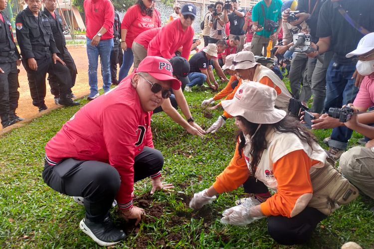 Sekretaris Jenderal PDI-P Hasto Kristiyanto saat menanam pohon di GOR Saparua, Kota Bandung, Jawa Barat, Sabtu (28/1/2023).