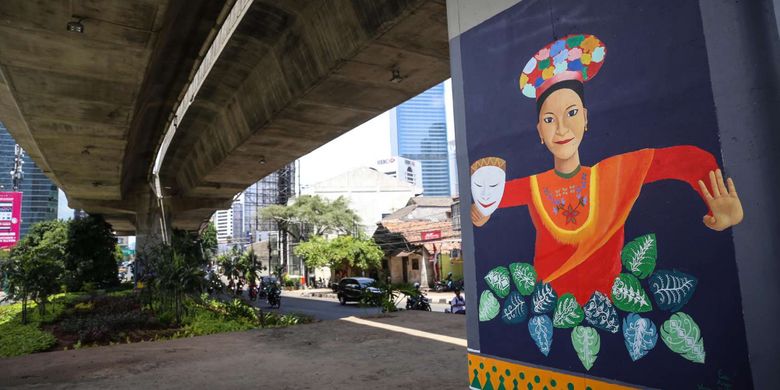 Hasil pengecatan tiang beton di jalan raya non-tol (JLNT), Casablanca, Jakarta Selatan, Senin (4/12/2017). Proyek kerja sama pengecatan di JLNT Casablanca untuk menyambut Asian Games 2018 dan telah melibatkan siswa sekolah menengah kejuruan (SMK) mendapat jatah satu tiang beton untuk dicat.
