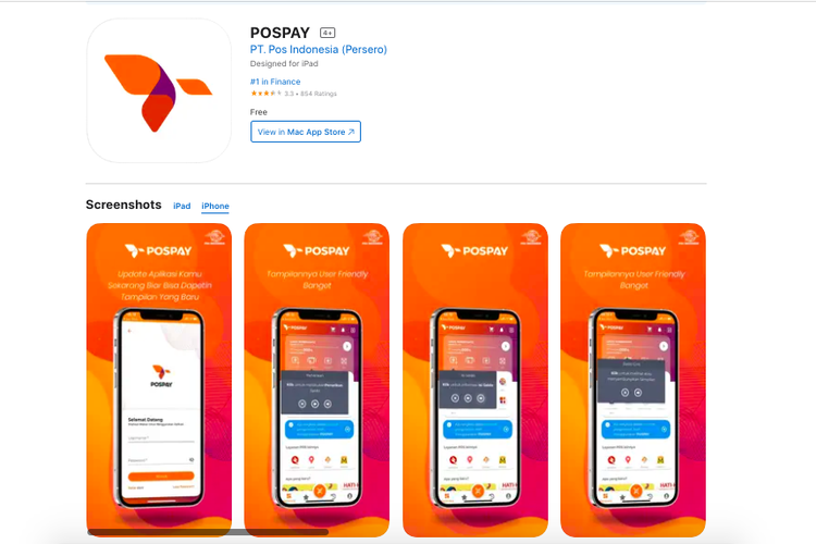 Tangkapan layar tampilan aplikasi Pospay milik PT Pos Indonesia