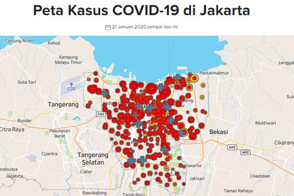 Peta sebaran Covid-19 di Jakarta. Data diambil dari situs corona.jakarta.id pada 3 Juni 2020.