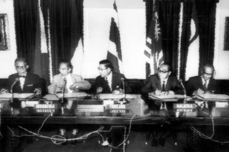 This was the scene when ministers of five Asian States met in Bangkok to form ASEAN--the Association of Southeast Asian Nations. From left: Nardiso Ramos of the Philippines, Adam Malik of Indonesia, Thanat Khoman of Thailand, Tun Abdul Razak of Malaysia, and S. Rajaratnam of Singapore.