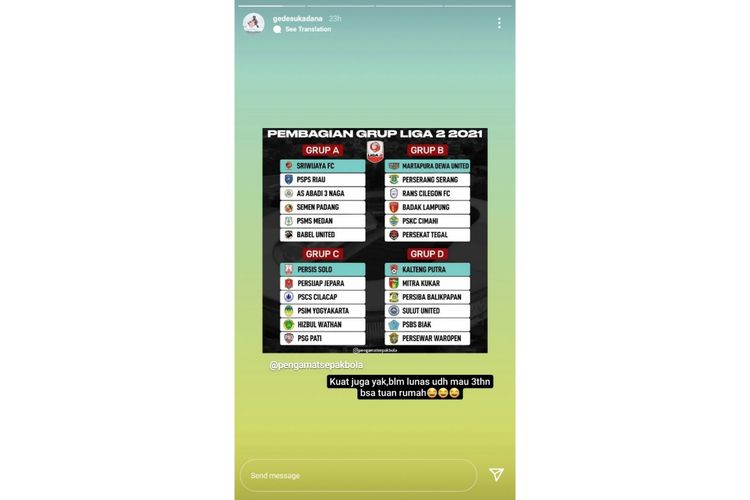 Tangkapan layar instagram eks pemain Kalteng Putra yang kini membela PSMS Medan, I Gede Sukadana.