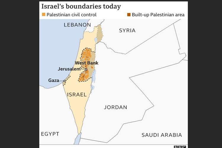 Peta wilayah Israel terbaru. Status dan garis batas final di Tepi Barat, Gaza, dan Yerusalem Timur telah dinegosiasikan antara Israel dan Palestina, namun pembicaraan selama beberapa dekade belum membuahkan hasil.