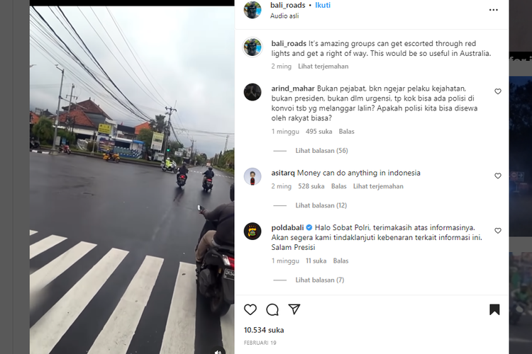 Tangkapan layar unggahan video yang memperlihatkan rombongan motor gede (moge) dengan dikawal pihak kepolisian menerobos lampu merah di Bali.