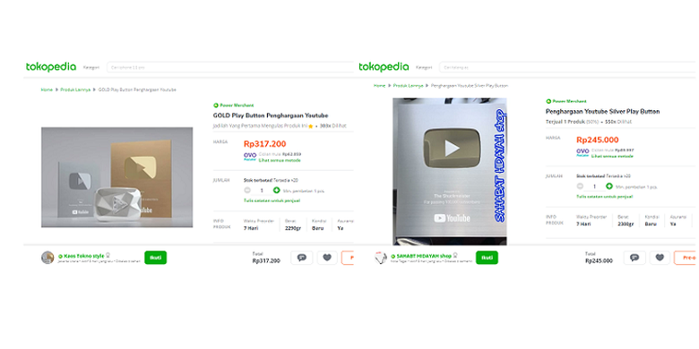 Tangkapan layar Silver Play Button dan Gold Play Button yang dijual bebas di Tokopedia.