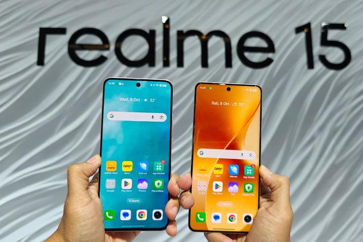(Kiri ke kanan) Tampilan layar Realme 15 dan Realme 15 Pro yang resmi meluncur di Indonesia, Rabu (8/10/2025).