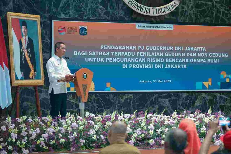 Penjabat (Pj) Gubernur DKI Jakarta Heru Budi Hartono di Balai Agung Balai Kota DKI Jakarta, Selasa (30/5/2023).