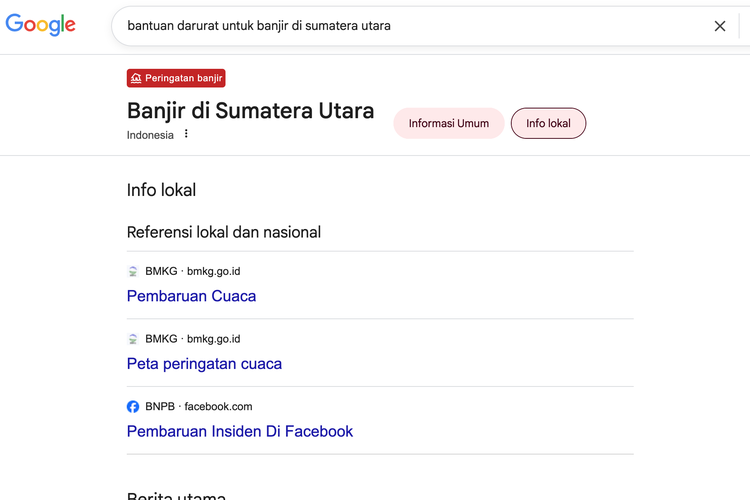 Banner peringatan banjir Sumatera di Google yang menampilkan sejumlah situs atau sumber resmi untuk memantau kondisi terkini.