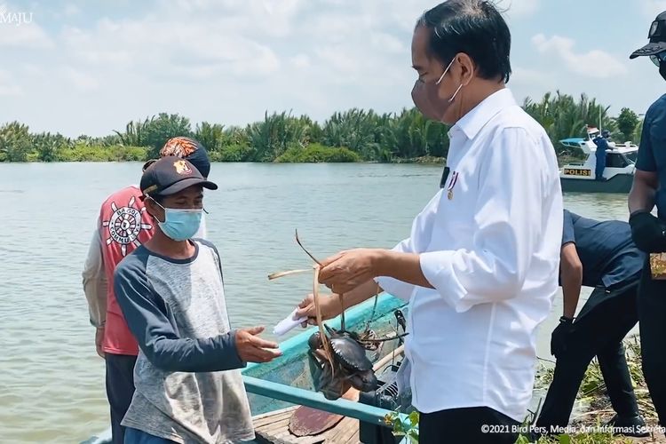 Foto tangkapan layar YouTube Sekretariat Presiden: Presiden Joko Widodo membeli kepiting dari nelayan saat berkunjung ke Cilacap, Jawa Tengah, Kamis (23/9/2021). 