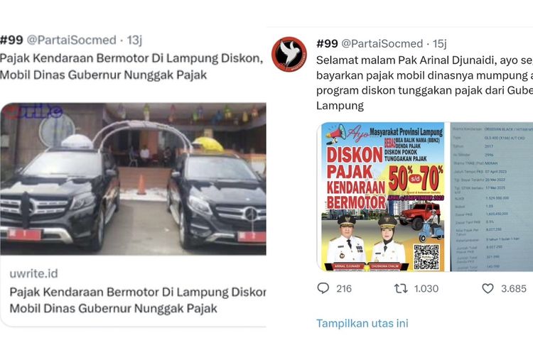 Kolase bidik layar unggahan akun Twitter soal menunggaknya pembayaran pajak kendaraan dinas Gubernur dan Wagub Lampung.