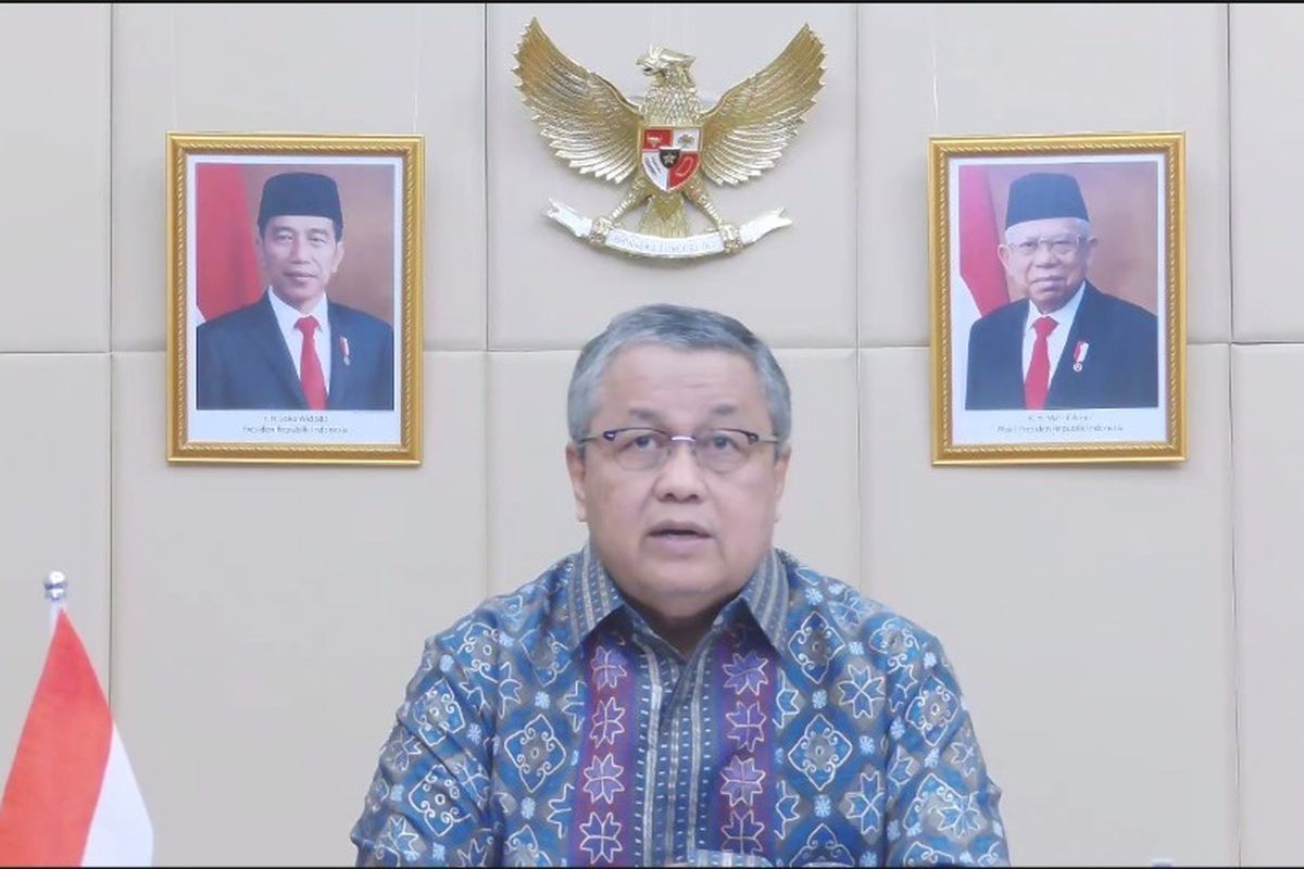 Gubernur Bank Indonesia (BI) Perry Warjiyo saat konferensi pers hasil Rapat Dewan Gubernur (RDG) BI September 2022 secara virtual, Kamis (22/9/2022). BI perkirakan inflasi tembus 6 persen di akhir 2022.