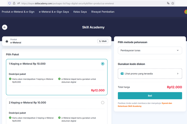 Ilustrasi cara beli e-meterai di Skill Academy.