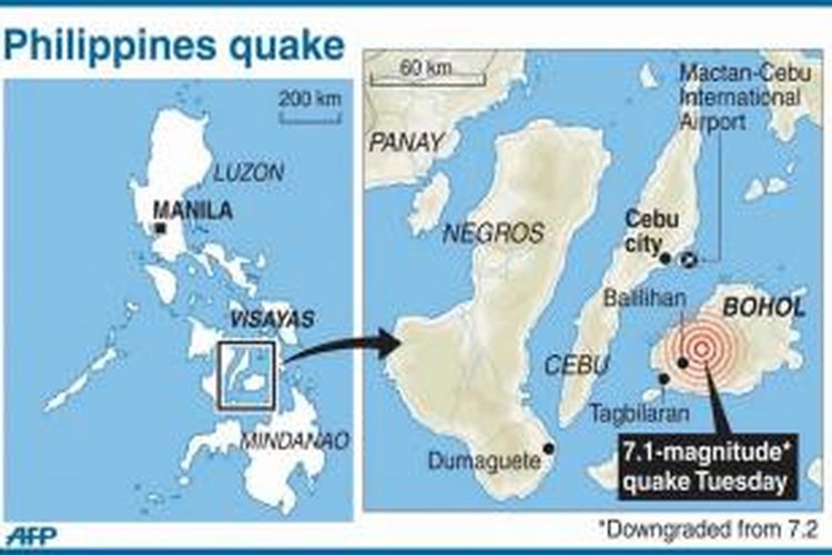 Titik gempa berkekuatan 7.1 SR di Bohol dan Cebu, Filipina, 15 Oktober 2013. Sedikitnya 73 orang tewas dalam peristiwa ini.