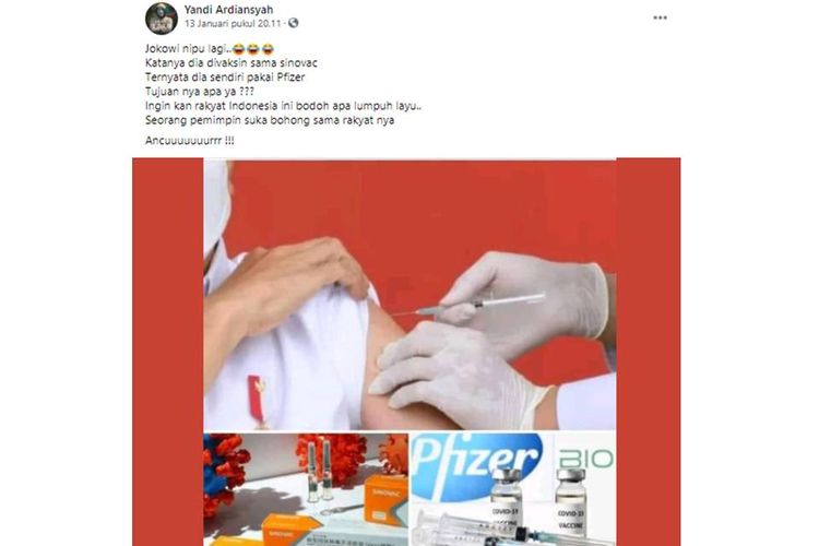 Tangkapan layar unggahan hoaks yang menyebut Presiden Joko Widodo (Jokowi) membohongi rakyat karena disuntik vaksin Pfizer.