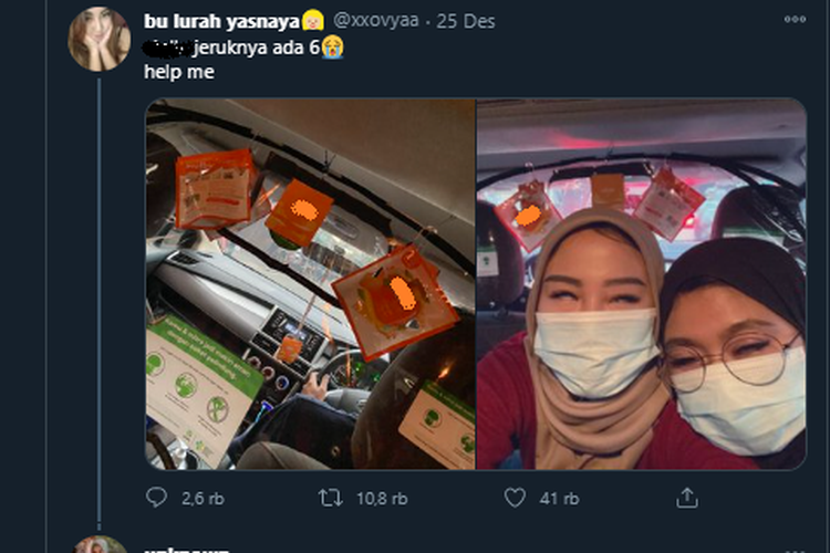 Tangkapan layar twit soal kondisi dalam mobil yang berisi wewangian beraroma jeruk.