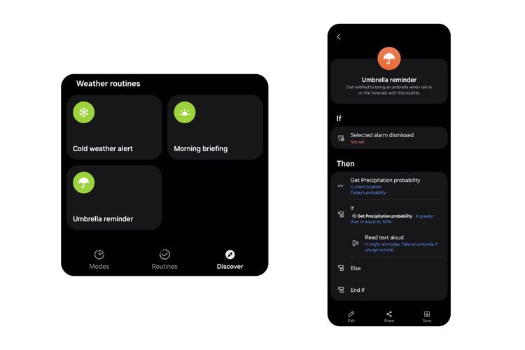 Contoh Routines yang memberikan rekomendasi berdasarkan ramalan cuaca hari itu.