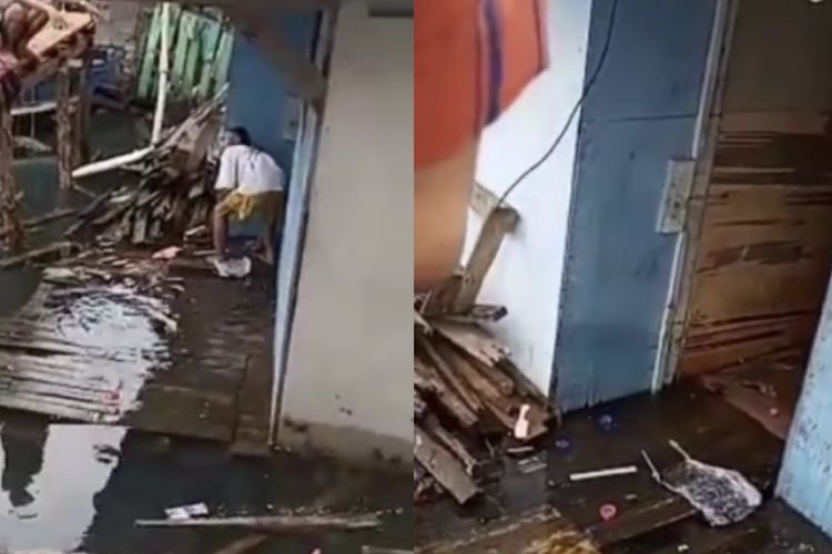 Kolase bidik layar video rekaman dua rumah di Kecamatan Panjang, Bandar Lampung ambruk dan tenggelam, Sabtu (10/6/2023) siang.