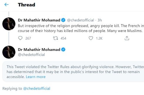 Setelah Trump, Twitter Tandai dan Hapus Twit Mahathir soal Perancis