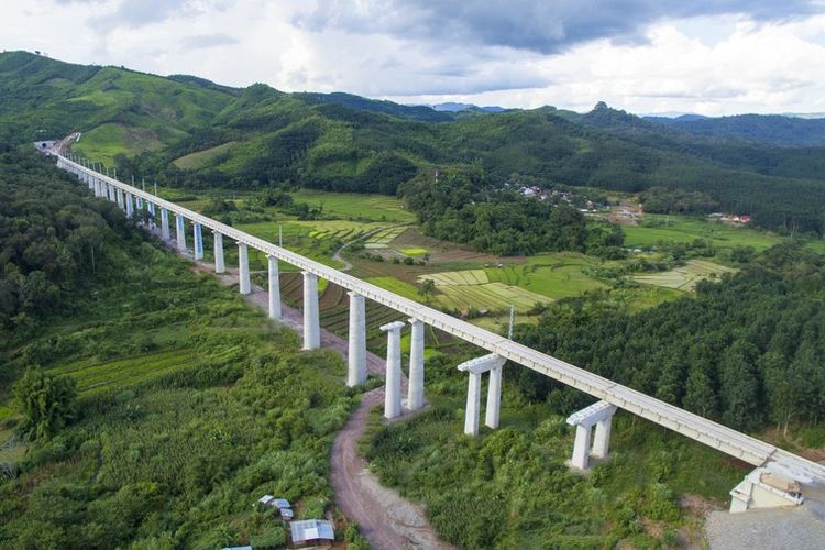 Foto udara yang menunjukkan jalur kereta api China-Laos di atas desa dan ladang di Laos utara. 