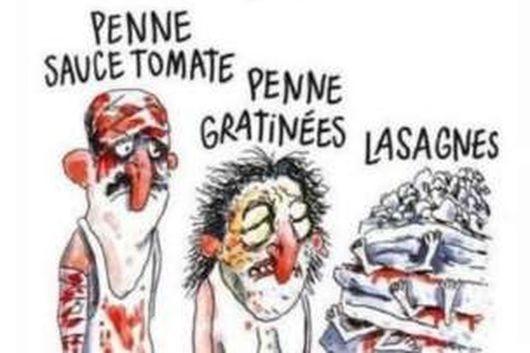 Inilah kartun dalam edisi terbaru majalah satir Charlie Hebdo yang mengundang kecaman dari korban gempa di Italia.
