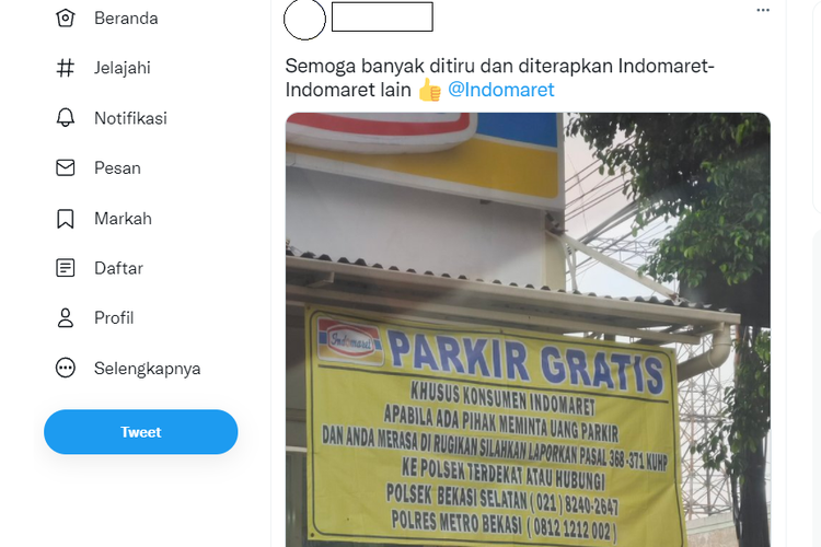 Tangkapan layar twit viral yang menampilkan foto spanduk bertuliskan prakir gratis khusus konsumen Indomaret.